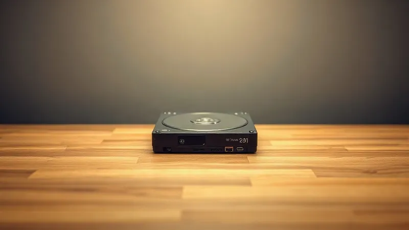 A close-up photograph of a single external hard drive resting on a bare wooden desk beside a coiled cable.