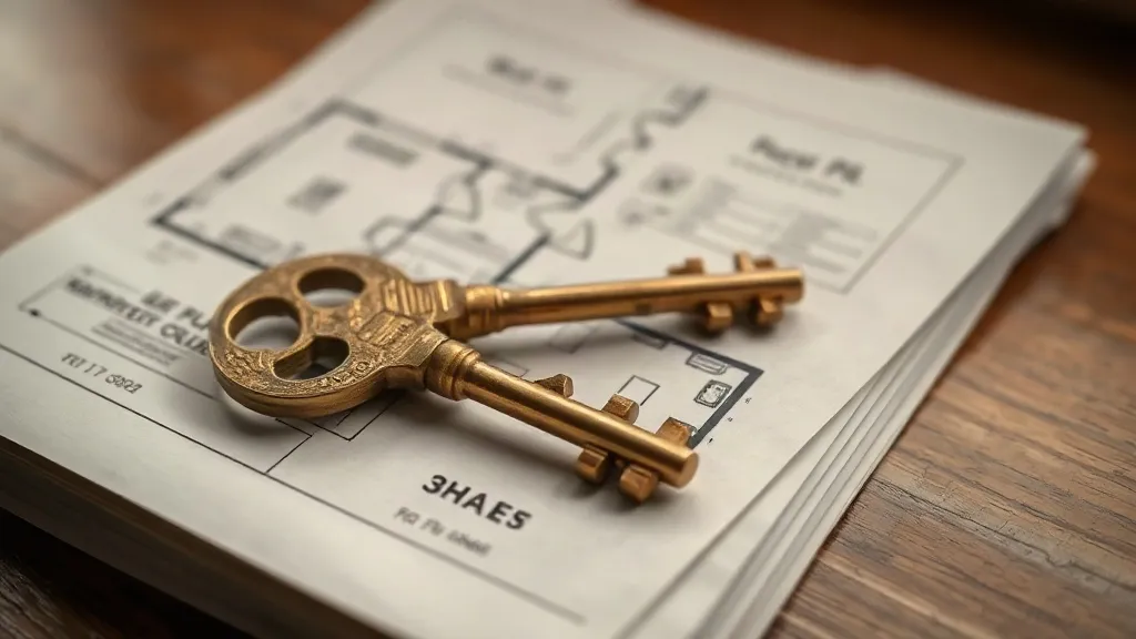 A single brass key resting on a stack of paper floor plans on a wooden desk.