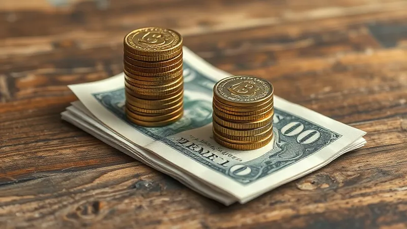 A photograph of stacked brass coins beside a folded paper currency note on a plain wooden desk.
