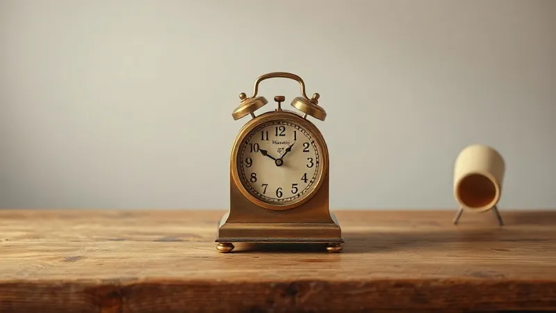 A brass desk clock sits centred on a bare wooden table with soft directional light.
