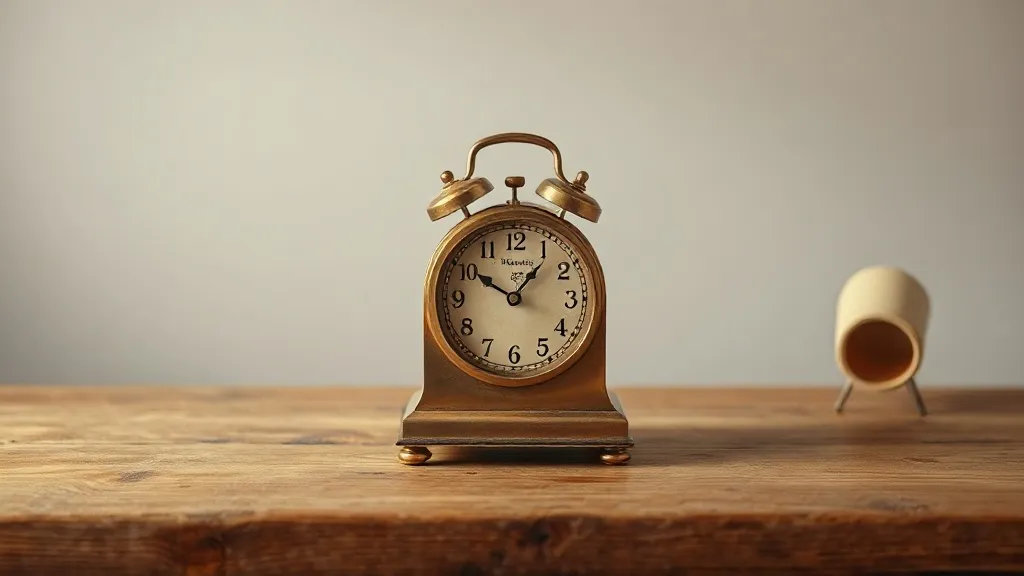 A brass desk clock sits centred on a bare wooden table with soft directional light.