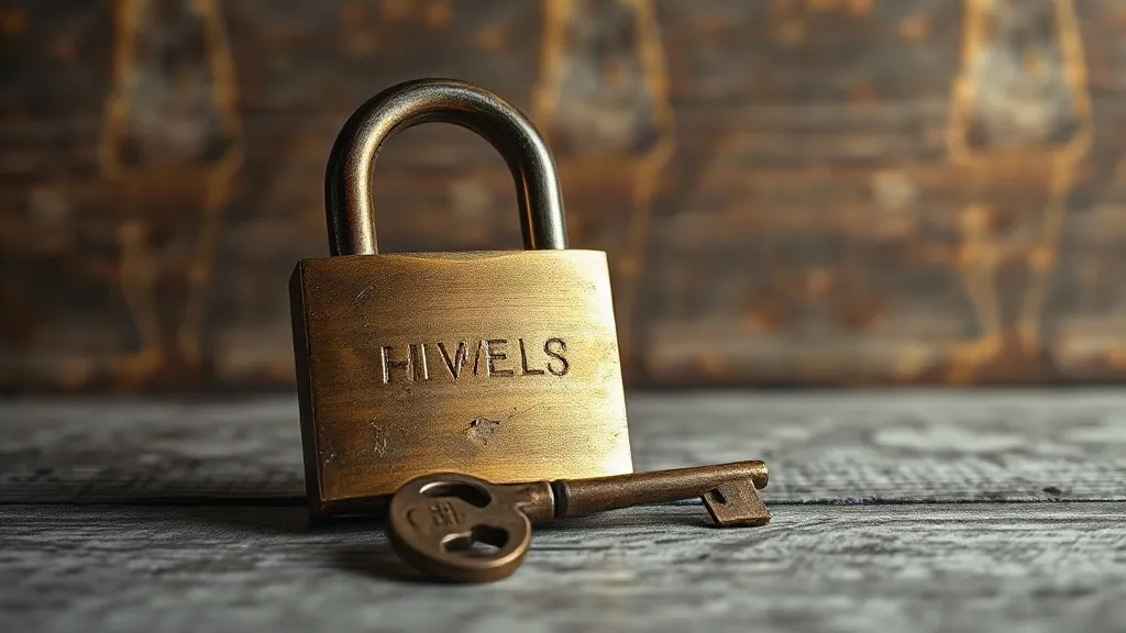 A brass padlock and an old skeleton key lying on a weathered wooden table under soft warm light.