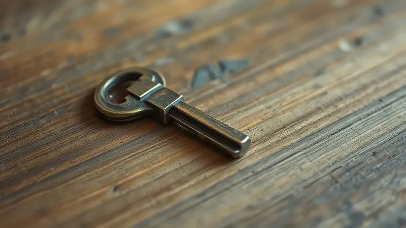 A single brass key resting on a weathered wooden table, softly lit from one side.
