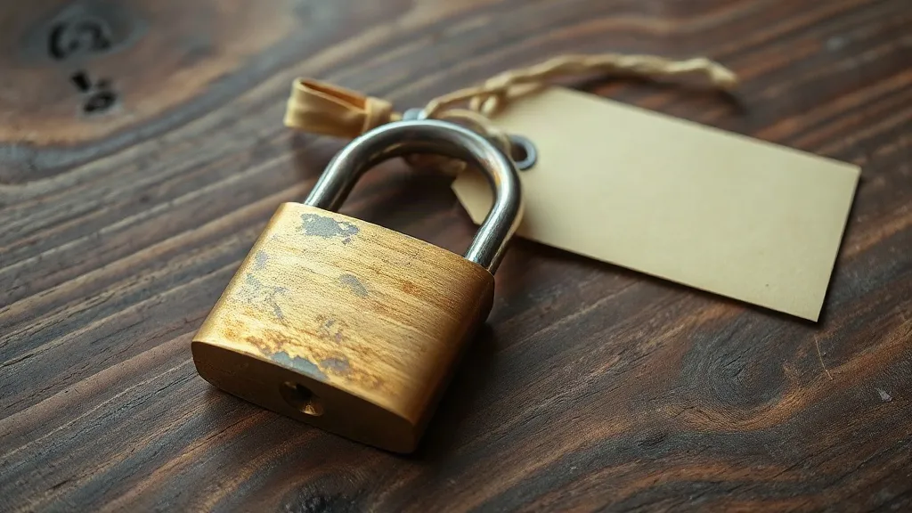 A photograph of a tarnished brass padlock lying open beside a curled paper tag on a worn wooden desk.