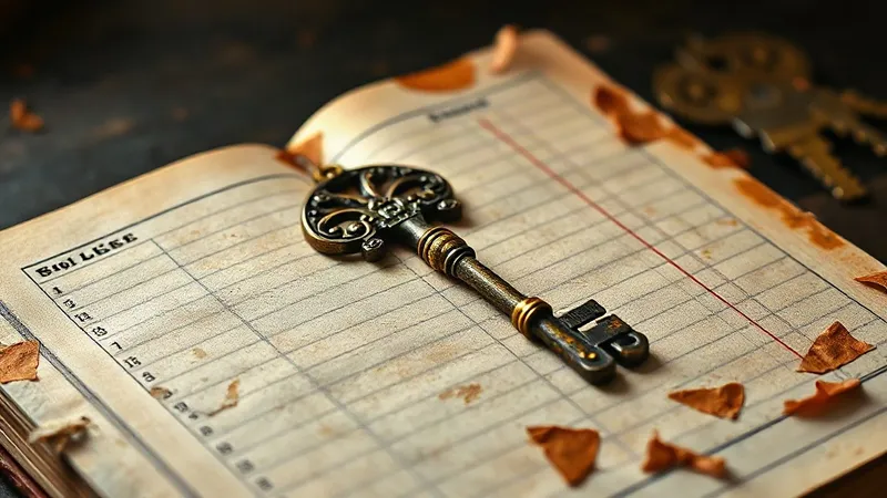 A close up photograph of an old brass key resting on a worn leather ledger.