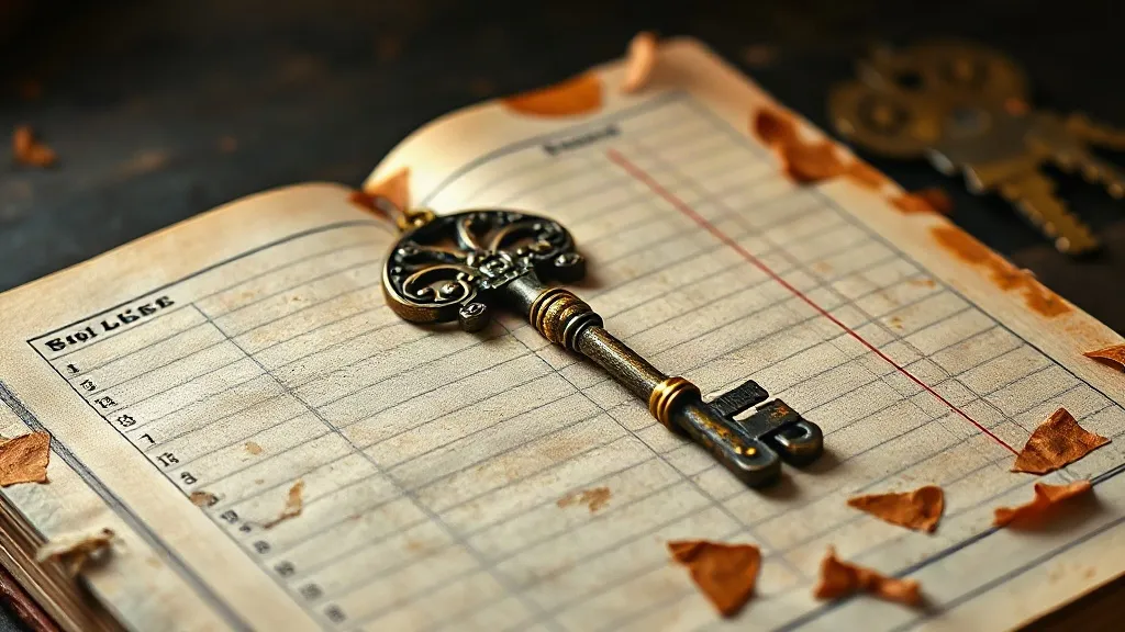 A close up photograph of an old brass key resting on a worn leather ledger.