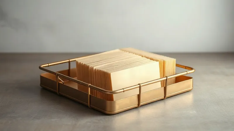 A photograph of a brass filing tray holding a neat stack of labelled index cards.