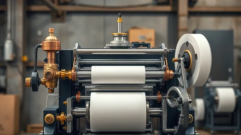 A label press head in copper and brass with steel rollers and a reel of white label stock.