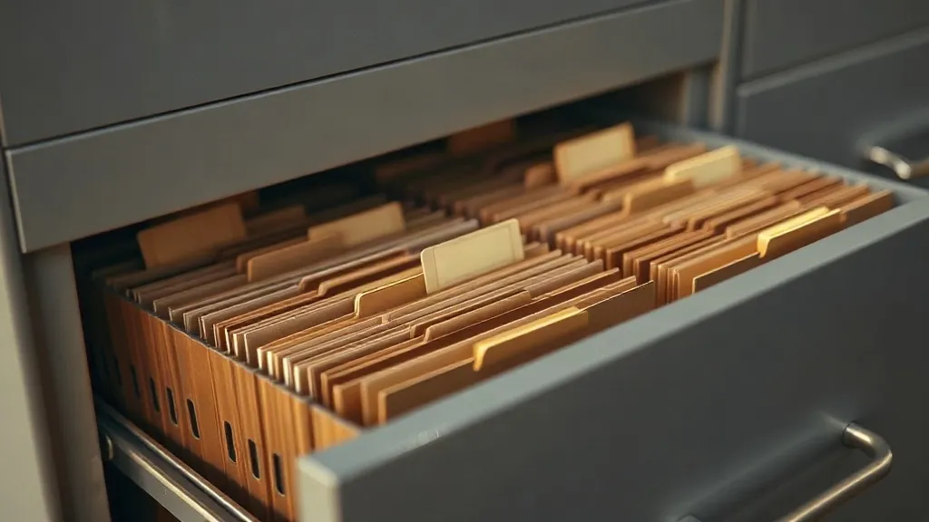 A row of identical brass filing tabs on a warm grey cabinet, one tab pulled slightly forward from the rest.