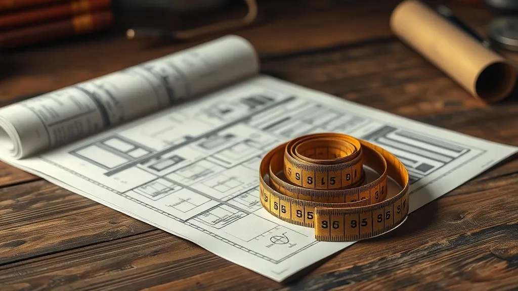 A detailed photograph of a brass measuring tape resting beside architectural blueprints on a worn wooden desk.