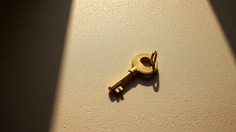 A single brass key resting alone on a warm grey stone surface, with empty space around it.