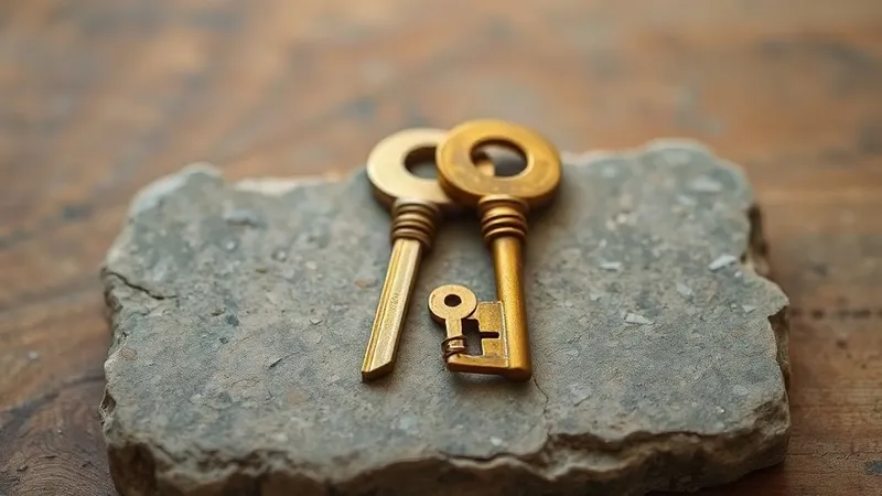 A photograph of two identical brass keys resting on a warm grey stone surface, one polished and bright, the other dulled and faintly corroded.