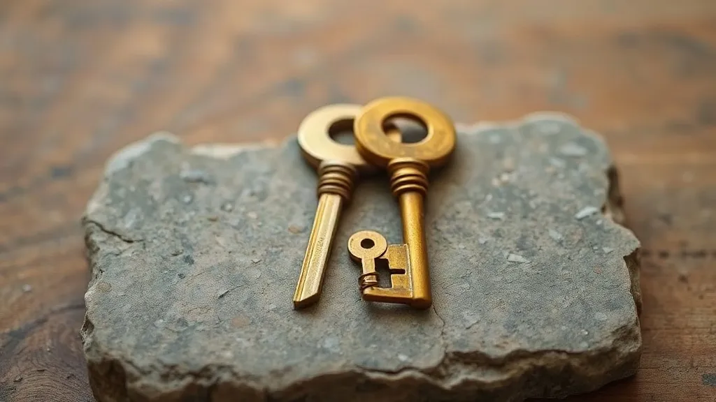 A photograph of two identical brass keys resting on a warm grey stone surface, one polished and bright, the other dulled and faintly corroded.