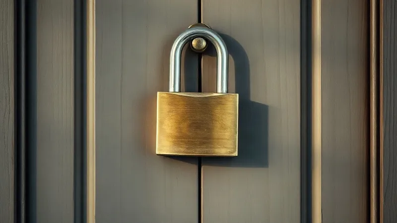 A brass padlock hangs open on an unlatched wooden door, lit by warm low side light.
