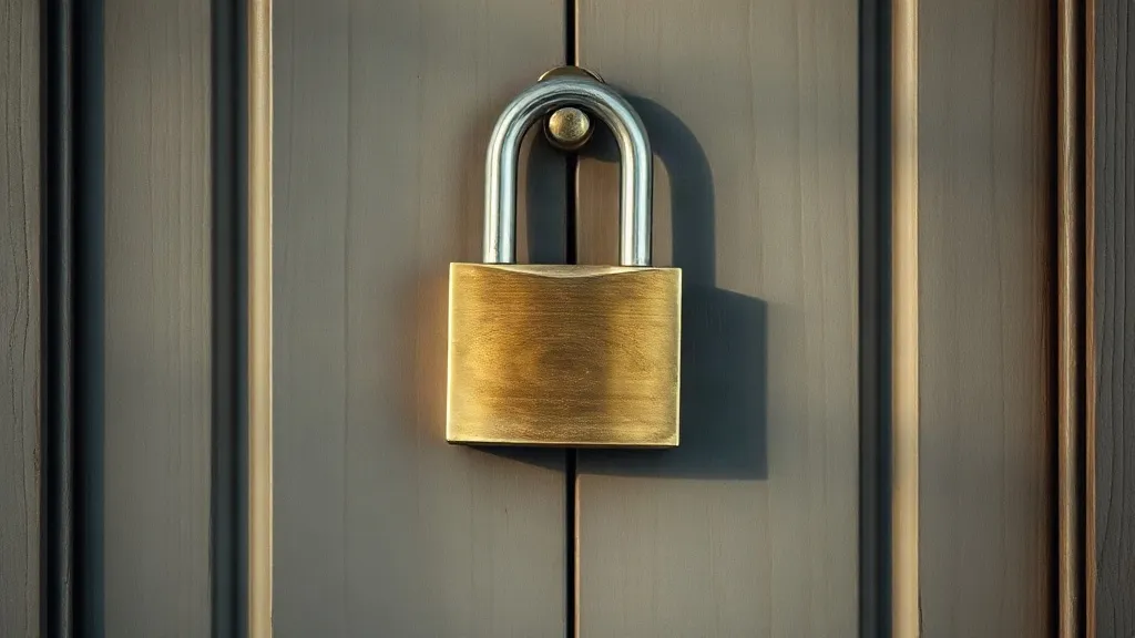 A brass padlock hangs open on an unlatched wooden door, lit by warm low side light.