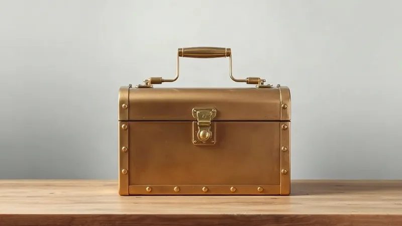 A closed brass toolbox sits alone on a bare wooden desk, latched shut with no label.