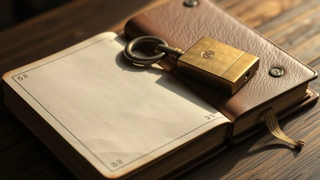 A single brass padlock sits open on a worn leather bound ledger, lit from one side.