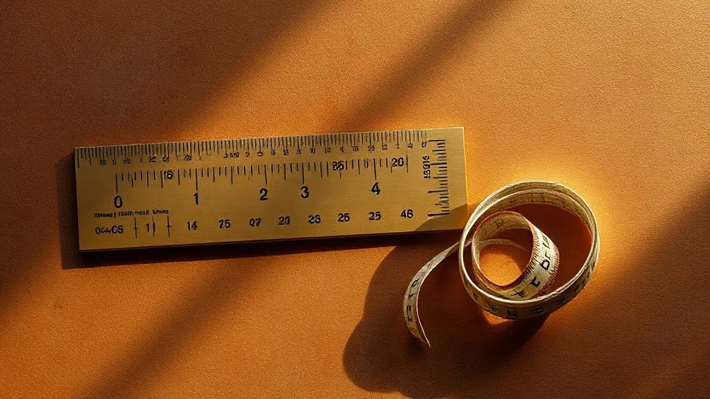A brass ruler and a folded bone coloured measuring tape resting on a worn copper drafting table.