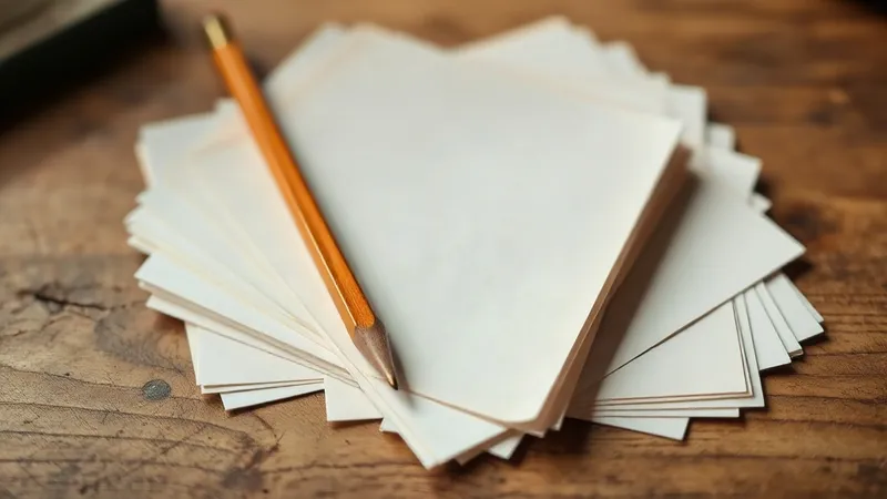 A neat stack of index cards fanned out on a wooden desk under warm side lighting.