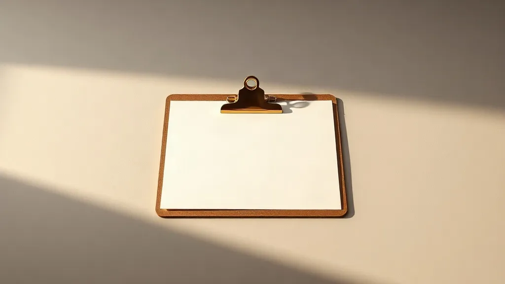 A single brass checklist clipboard rests on a plain bone coloured desk, lit from one side.