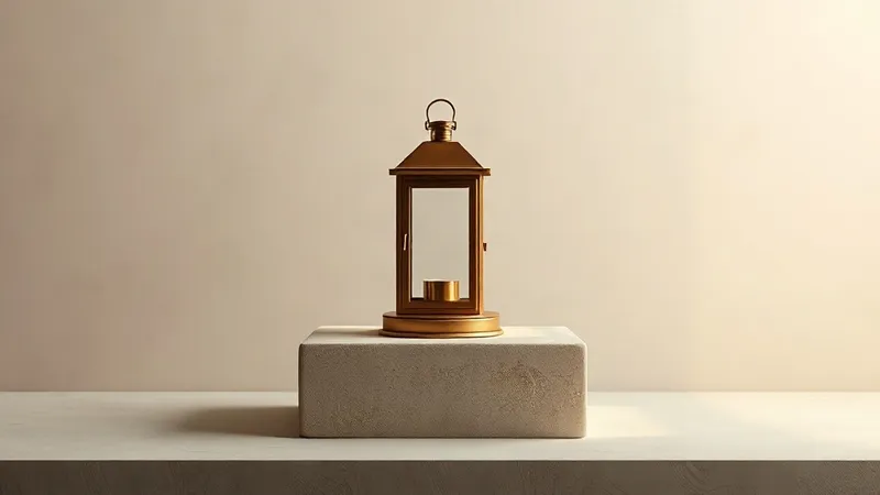 A single brass lantern sits unlit in the centre of an empty warm grey room.