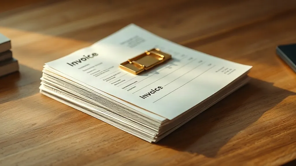 A neat stack of paper invoice sheets bound with a brass clip, resting on a bare wooden desk.