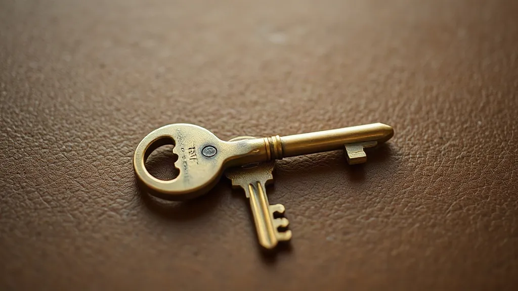 A single brass key resting alone on a worn leather desk mat.