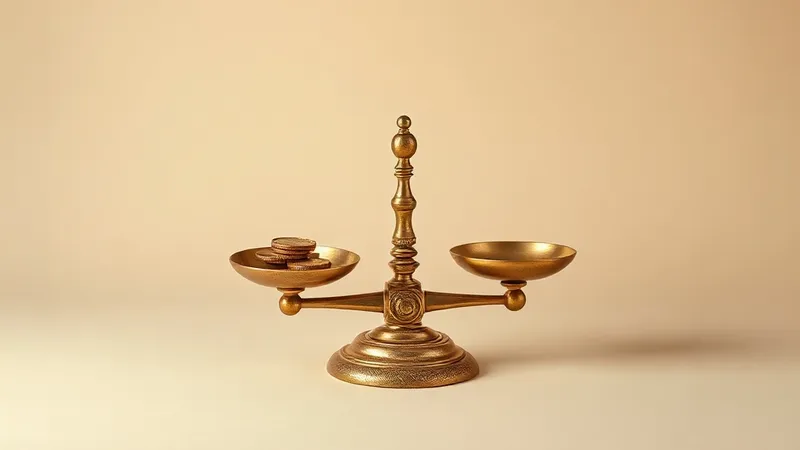 A photograph of a brass balance scale resting on a bare wooden desk, one side empty, the other holding a small stack of coins.