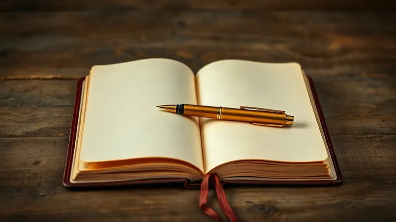 A photograph of an open notebook with blank pages and a pen lying across it on a wooden desk.