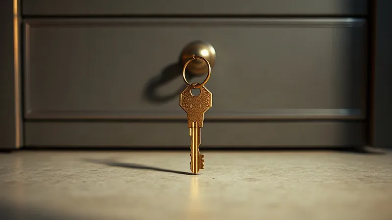 A single brass key rests on a bone coloured surface in front of a softly blurred metal filing cabinet.