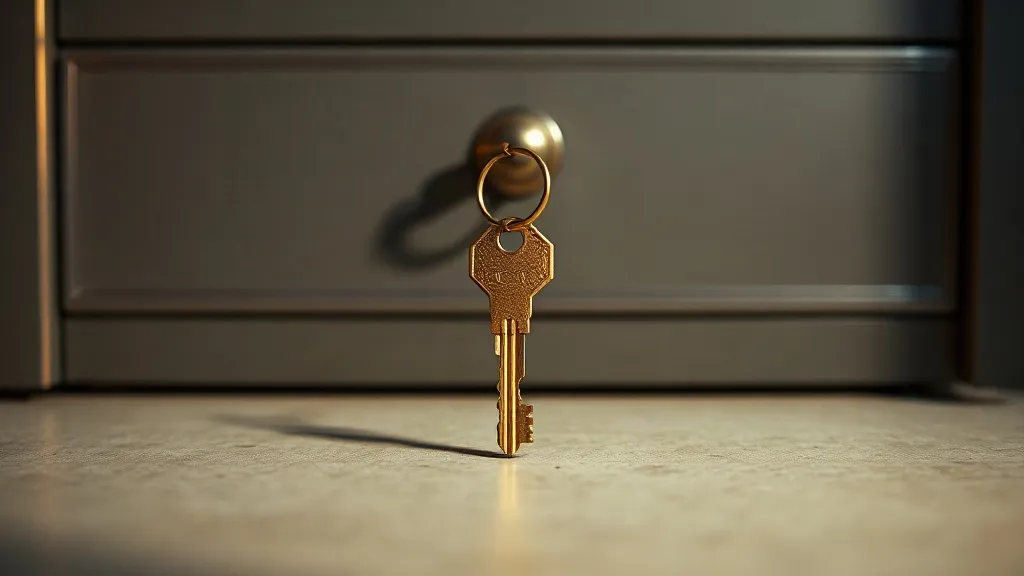 A single brass key rests on a bone coloured surface in front of a softly blurred metal filing cabinet.