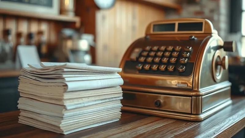 A row of paper receipts and an old till roll on a wooden counter.
