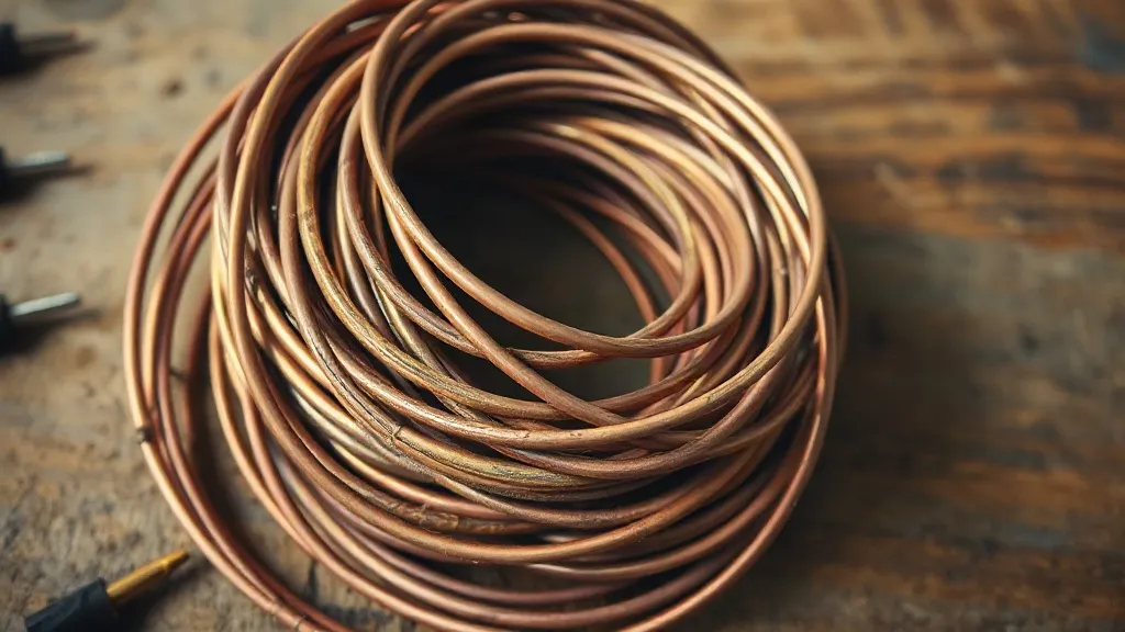 A tangle of knotted copper wire resting on a pale wooden bench.