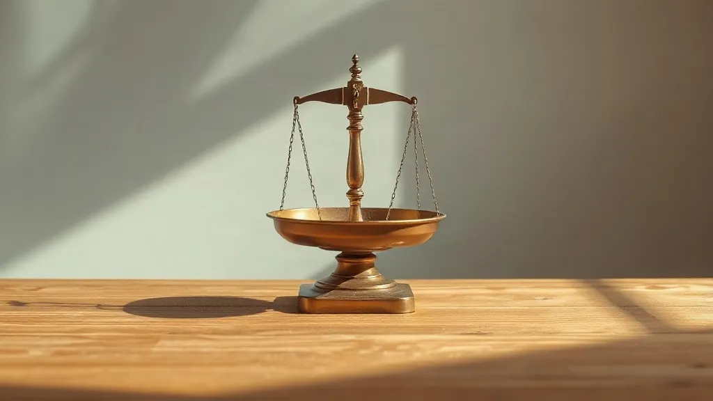 A brass balance scale sits centred on a bare wooden table under soft warm light.
