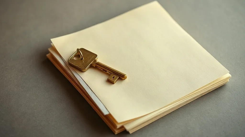 A still photograph of a brass key resting on a stack of pale paper files on a warm grey desk.