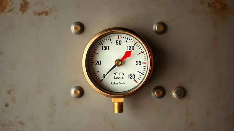 A close-up photograph of a brass pressure gauge with its needle pushed into the red zone.