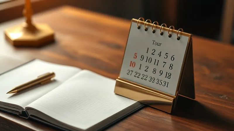 A brass desk calendar sits open beside a blank invoice on a worn wooden desk.
