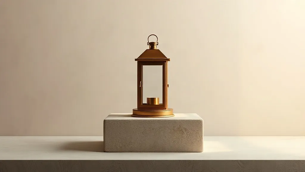 A single brass lantern sits unlit in the centre of an empty warm grey room.