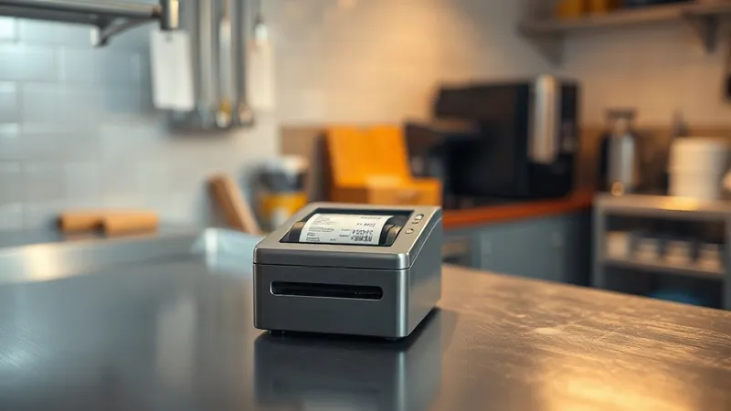 A single order ticket printer sits alone on an empty stainless steel kitchen counter.