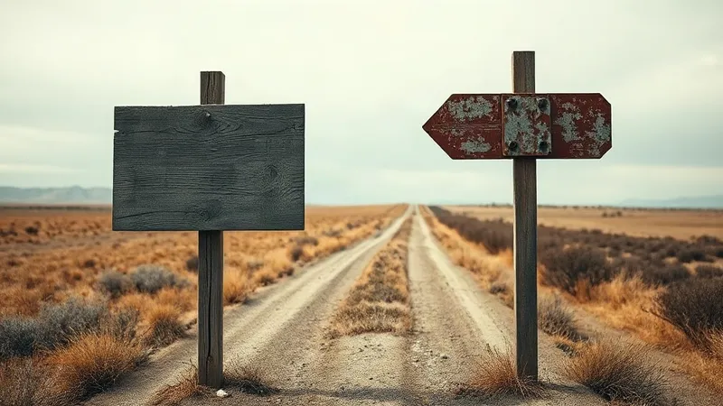 A photograph of two weathered wooden signposts standing apart in dry earth, one holding a blank warped sign and the other bare with only a rusted bracket.