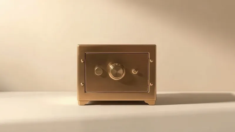 A sealed brass deposit box sits on a wooden desk beside a stack of labelled folders.