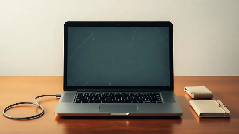 A photograph of a closed laptop with a cracked screen resting on a warm toned wooden desk beside a coiled cable.