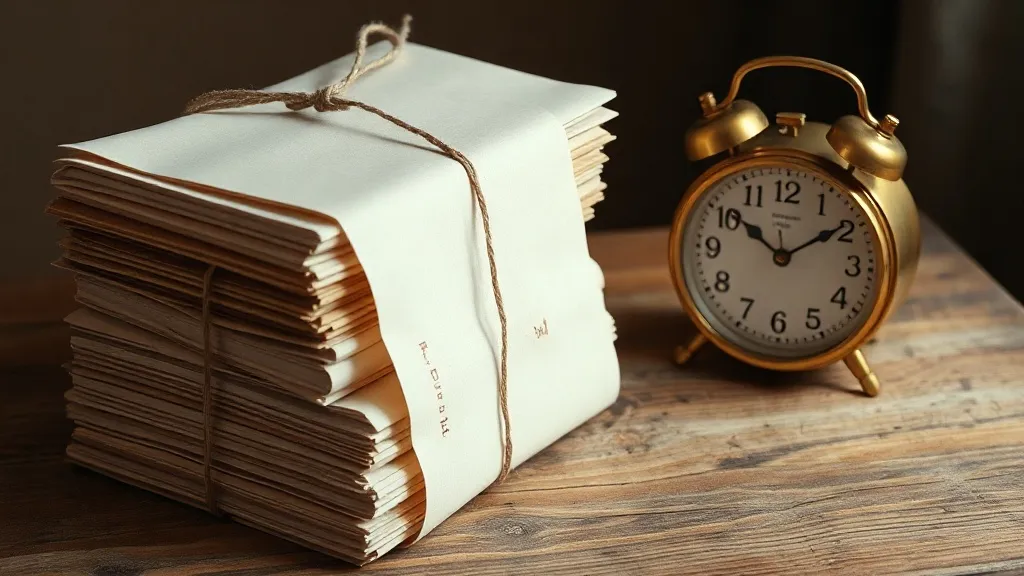 A brass clock face beside a stack of bound paper contracts on a bare wooden desk.