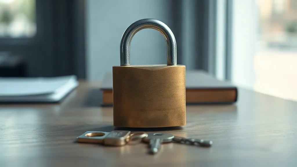 A padlock sitting on a wooden desk beside a stack of papers and a small brass key.