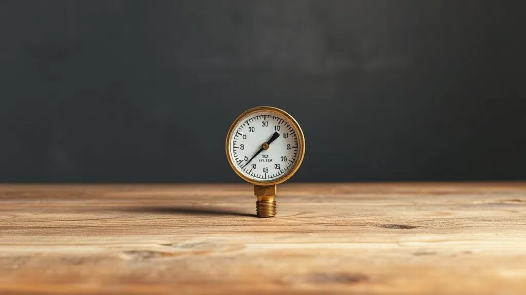 A single brass gauge resting on a worn wooden workbench beside a few loose technical drawings.