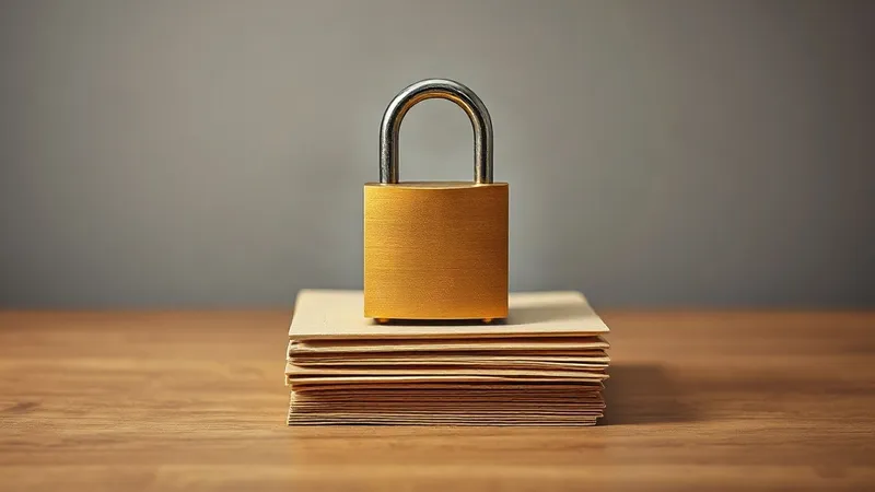 A brass padlock resting closed on a stack of neatly bound bone-coloured folders.