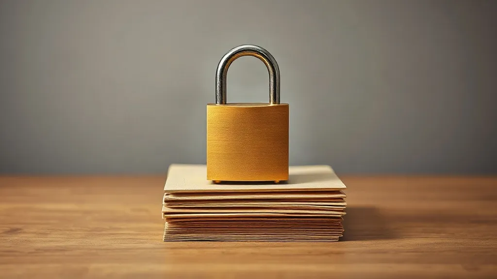 A brass padlock resting closed on a stack of neatly bound bone-coloured folders.