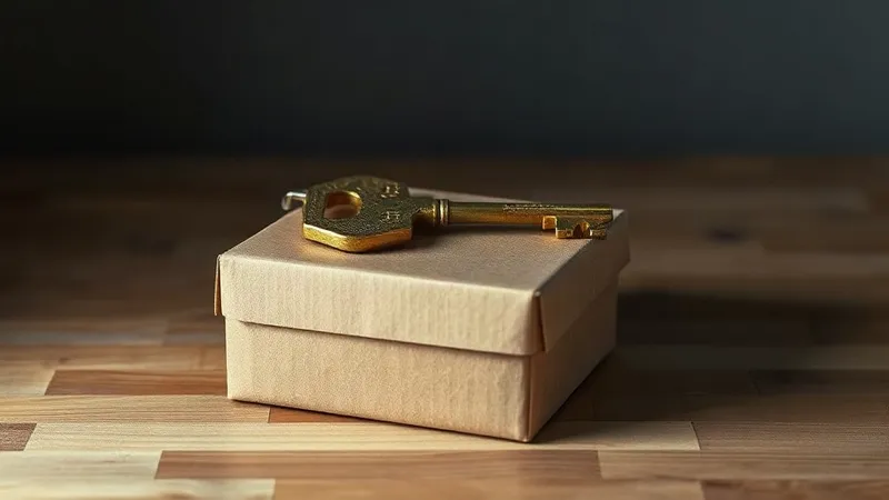 A brass key resting on a closed cardboard storage box on a plain wooden surface.