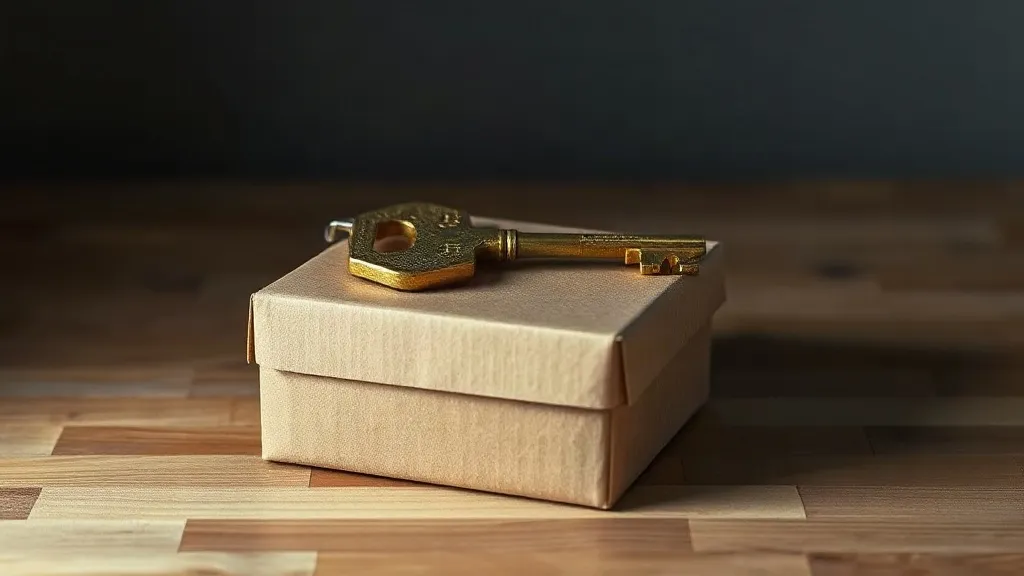 A brass key resting on a closed cardboard storage box on a plain wooden surface.