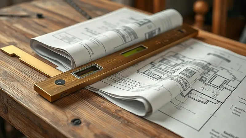 A brass spirit level resting on a worn wooden workbench, lit from one side.